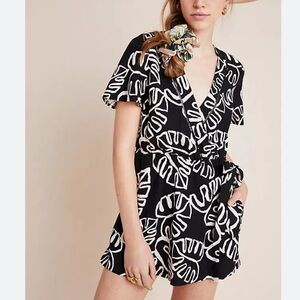 FARM Rio | Black & White Leaf Print Wrap Romper